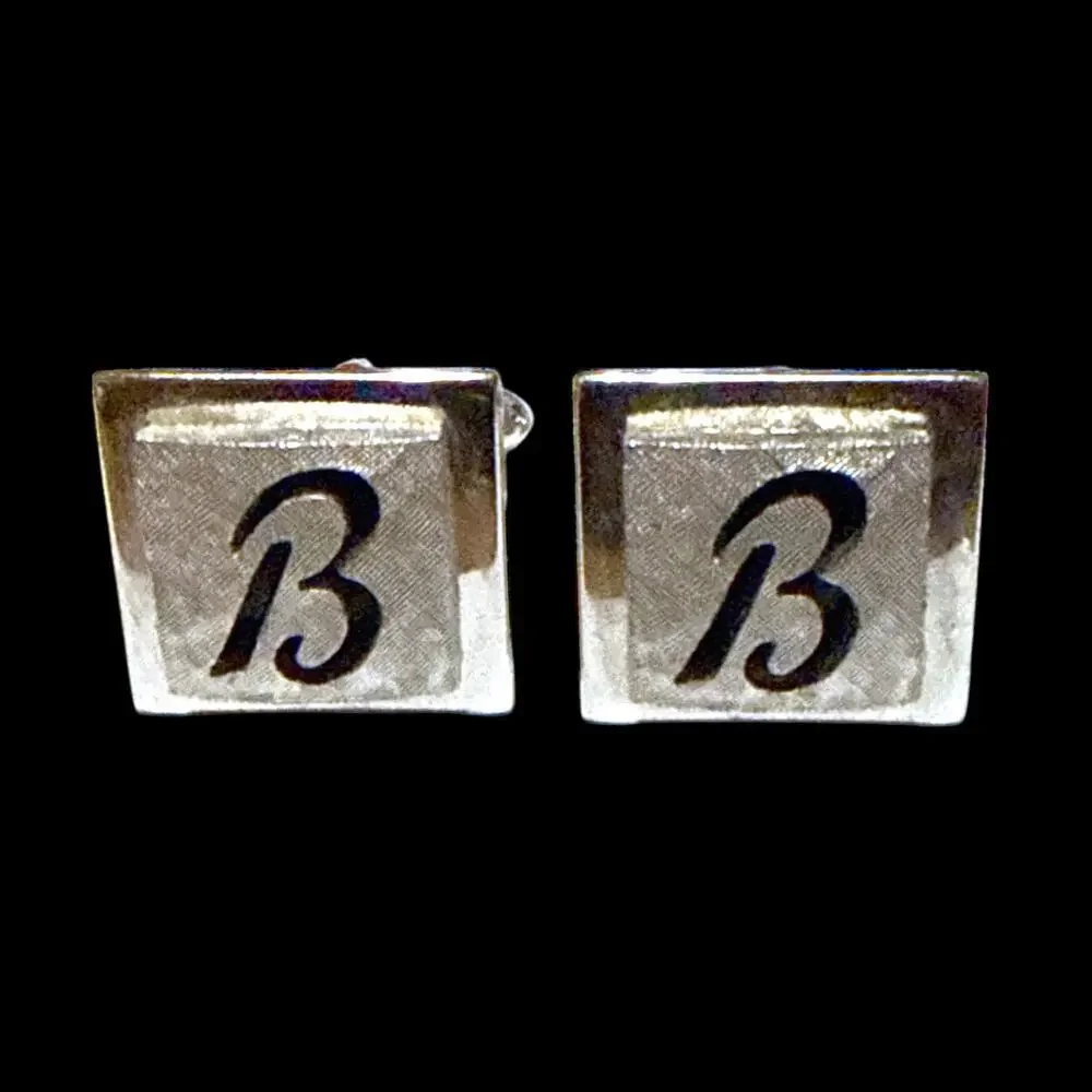 Vintage Swank Cufflinks Mens Silver Tone Monogrammed B Polished and Crosshatched